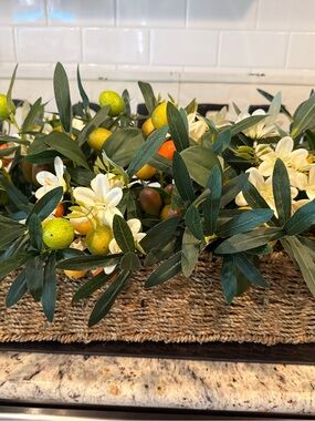 Lifelike Olive & Citrus Faux Floral Arrangement in Woven Tray - Green & White